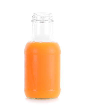 Orange juice bottle on white background.の写真素材