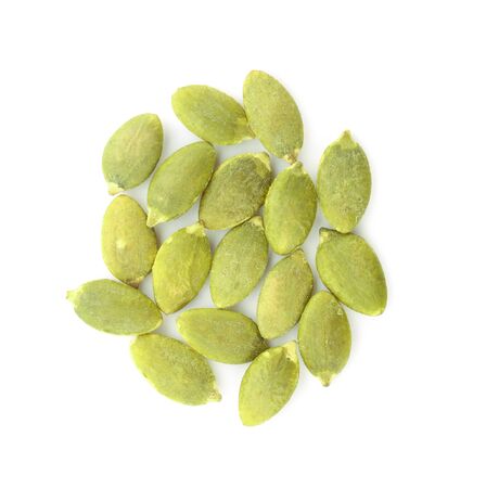 pumpkin seeds on white background.の写真素材