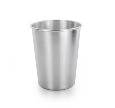 Stainless steel cup isolated on white backgroundの写真素材