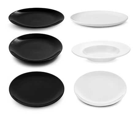 set of black and white plate on white backgroundの写真素材