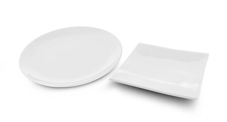 set of multi-shape white plate on white backgroundの写真素材