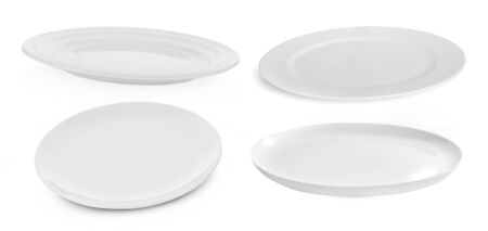 set of multi-shape white plate on white backgroundの写真素材