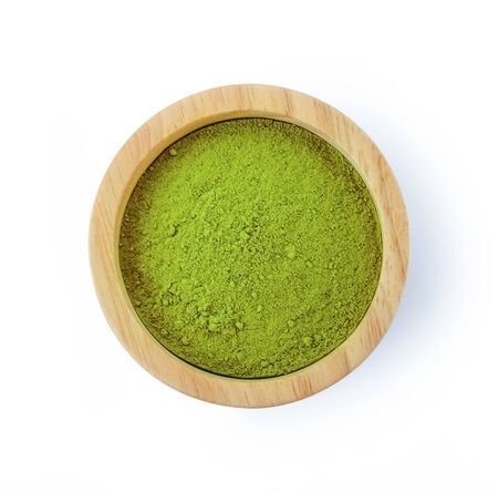 powdered matcha green tea in bowl, isolated on white backgroundの写真素材