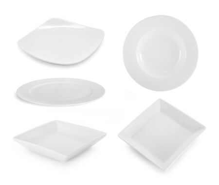 set of white plate on white backgroundの写真素材
