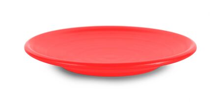 empty red plate isolated on white backgroundの写真素材