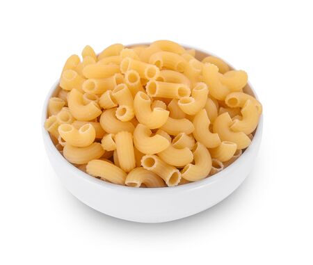 Macaroni in a bowl on white backgroundの写真素材