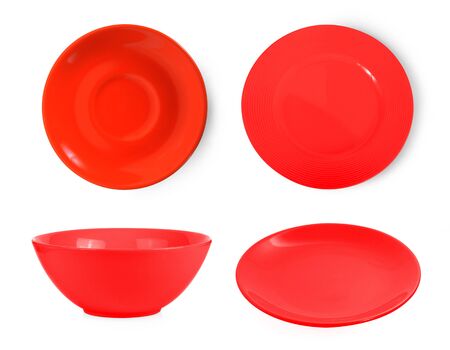 set of red plate on white backgroundの写真素材