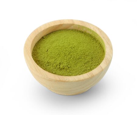 powdered matcha green tea in bowl, isolated on white backgroundの写真素材