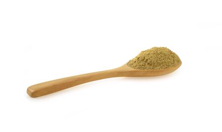 white Pepper in wooden spoon on whiteの写真素材