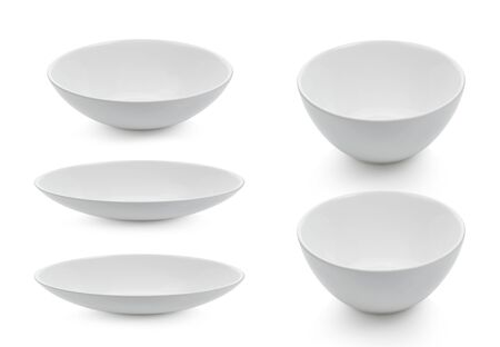 collection of ceramic white bowl on white backgroundの写真素材