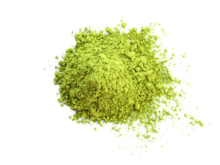 Powdered matcha green tea isolated on white backgroundの写真素材