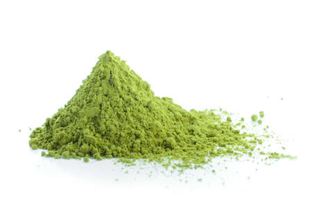 Powdered matcha green tea isolated on white backgroundの写真素材