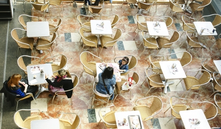 Terrace of bar of a shoping center in Barcelonaのeditorial素材