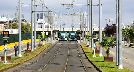 Panoramic of street with routes of the streetcar and Trambaix to the bottomのeditorial素材