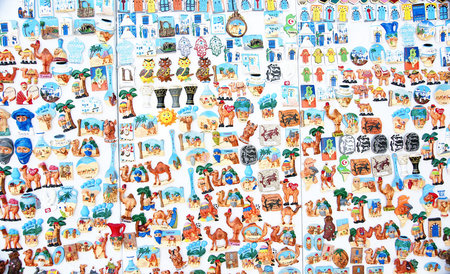 Exhibition of pins for the sale as souvenirs in Sidi Bou Said, Tunis