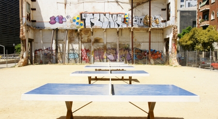 Tables of ping pong in a neighborhood of Barcelonaのeditorial素材