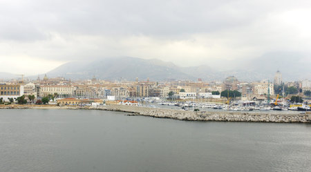 Panoramic of beach and sports port of Palermo, Italyの写真素材