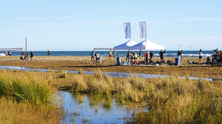 Castelldefels s beach, Barcelona, with carps of the celebration of the European kitesurf 2012のeditorial素材
