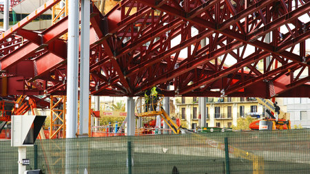 Metallic structures of a modern building in construction in Barcelonaのeditorial素材