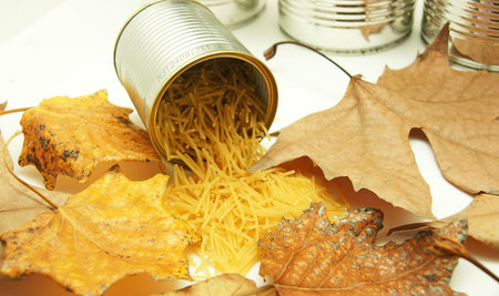 Tin with noodles and adorned with leaves of sycamoreの写真素材