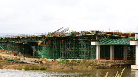 Panoramic of the construction of a bridge on the river Llobregat in the Prat de Llobregat, Barcelona