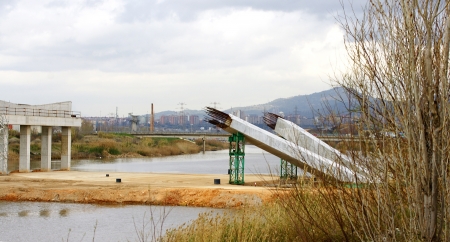 Panoramic of the construction of a bridge on the river Llobregat in the Prat de Llobregat, Barcelonaの写真素材