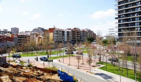 Panoramic of a road and gardens in Collblanc, Barcelonaの写真素材
