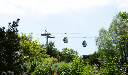 Joan Brossa Gardens in Montjuic cable car in the background, Barcelona