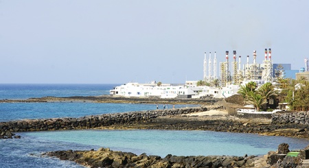 Beach in Lanzarote with Power Plant in the background, Canary Islandsの写真素材