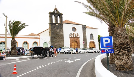 street of Teguise with tower belfry , Lanzarote, Canary Islesのeditorial素材