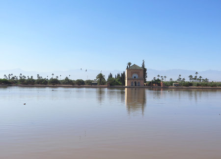Pond with casita in the garden of the Menara, Morocco, North Africaの写真素材