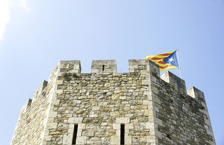 Flag Tower and Castle Besalu, Girona, Catalonia, Spainのeditorial素材