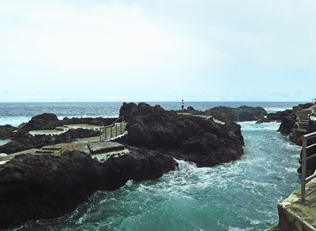 the sea of Puerto de la Cruz in Canary Islands, Spainの写真素材