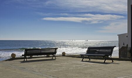 Gazebo with benches on the beach of El Garraf Barcelonaの写真素材