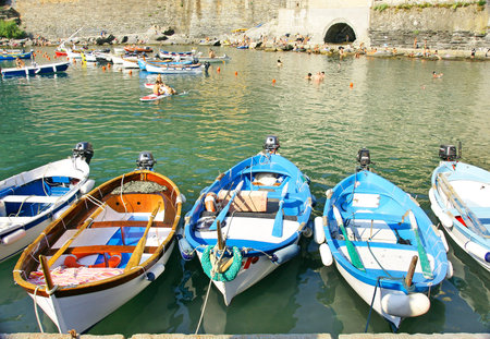 Boats in Vernazza, Cinque Terre, La Spezia, Italyのeditorial素材