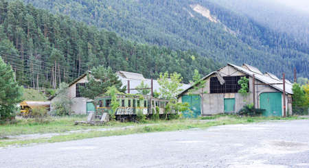 Houses and train cars abandoned in the old station of Canfranc. Huesca, Spainの写真素材