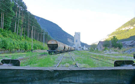 Freight train at the old station of Canfranc, Huesca, Spainの写真素材