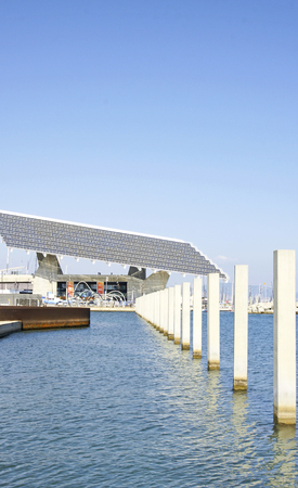 Works of cable skiing at the Port Forum of Barcelonaの写真素材