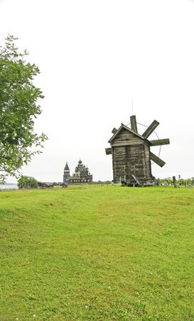Typical wooden mills of Mandrogi, Russiaの写真素材