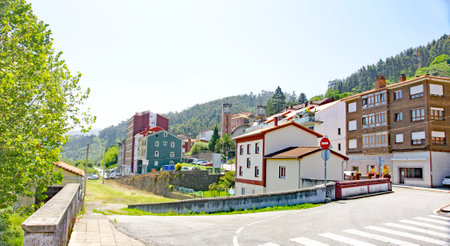 Asturian architectures facades in San Esteban de Pravia, Principality of Asturias, Spain, Europeのeditorial素材