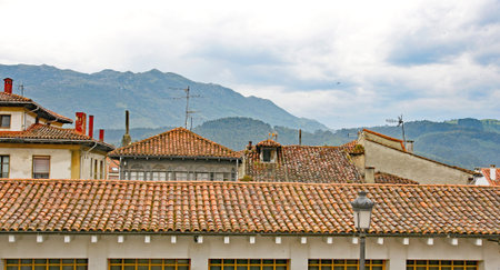 View of the town and its church of San Cristobal in Colunga, Principality of Asturias, Spain, Europe