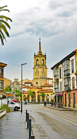 View of the town and its church of San Cristobal in Colunga, Principality of Asturias, Spain, Europe