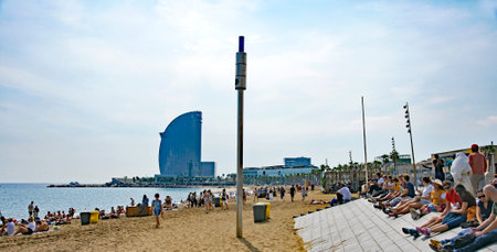 Panoramic of the Barceloneta beach in Barcelona, Catalunya, Spain, Europeのeditorial素材