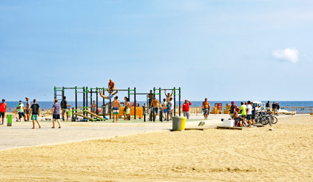 Barceloneta beach with towers of the  village in the background, Barcelona, Catalunya, Spain, Europeのeditorial素材