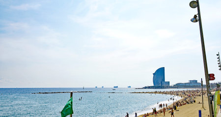 Panoramic of the Barceloneta beach in Barcelona, Catalunya, Spain, Europeのeditorial素材