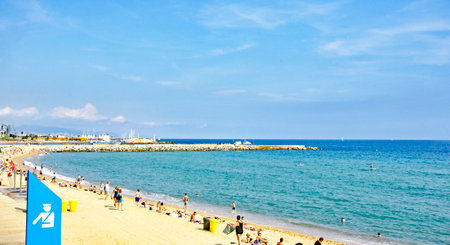 Barceloneta beach with towers of the village in the background, Barcelona, Catalunya, Spain, Europeのeditorial素材