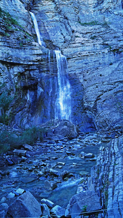 Sorrosal waterfall in Broto in the province of Huesca; Aragon, Spain, Europeの写真素材