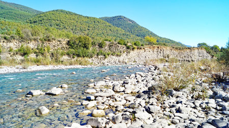 Ara river as it passes through Liguerre in the province of Huesca, Aragon, Spain, Europeの写真素材
