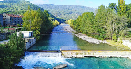 Ara river as it passes through Liguerre in the province of Huesca, Aragon, Spain, Europeの写真素材