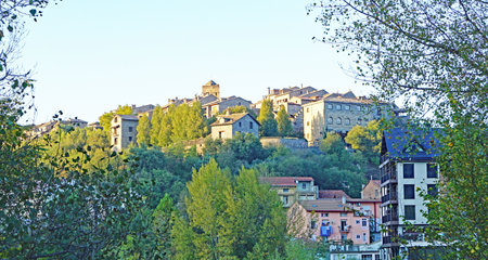Panoramic of Ainsa with Ara river in the province of Huesca, Aragon, Spain, Europeの写真素材